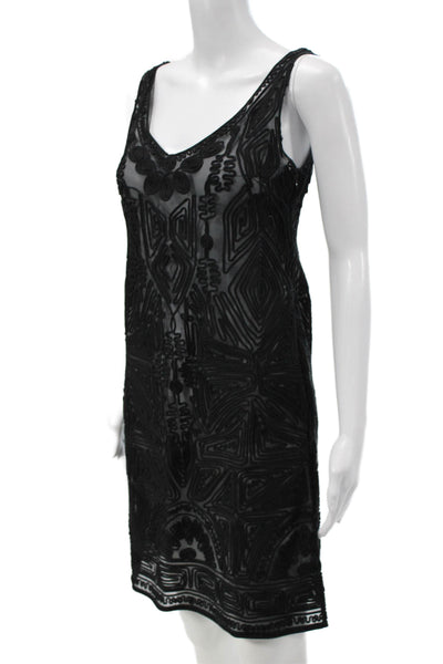 Elie Tahari Women Sheath Tank Dress Black Silk V-Neck Geometric Size S