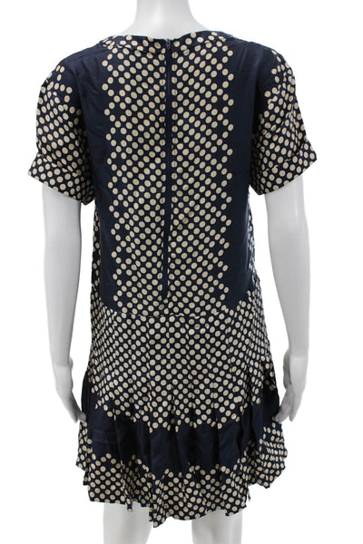 Sea Womens Shift Dress Dark Blue Silk Polka Dot Short Sleeve Round Neck Size 4