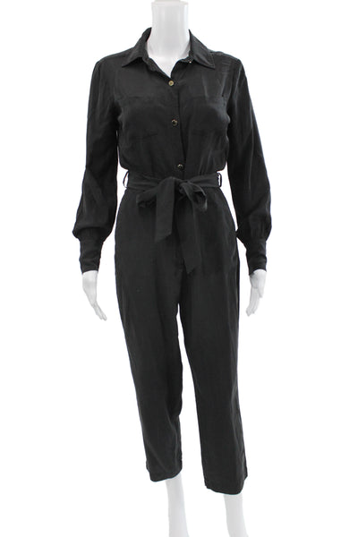 Intermix Womens Jumpsuit Black Silk Collared Long Sleeve Size 2