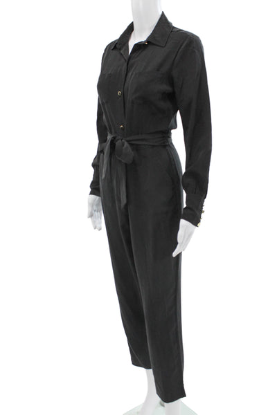 Intermix Womens Jumpsuit Black Silk Collared Long Sleeve Size 2