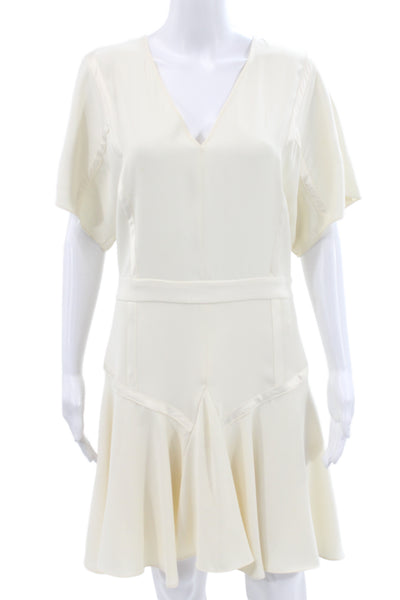 Halston Heritage Womens Fit & Flare V-Neck Short Sleeve Beige Dress Size 8