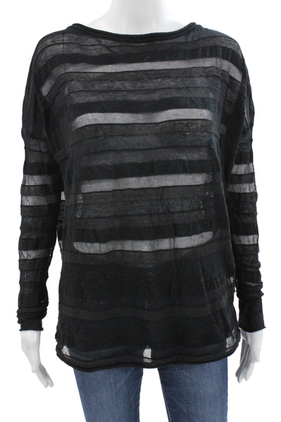 Sarah Pacini Women Black Striped Round Neck Long Sleeve Cotton Linen Size S