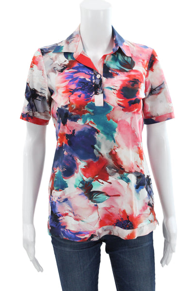 Chiara Boni La Petite Robe Womens Floral Collared Polo Blue Size XS