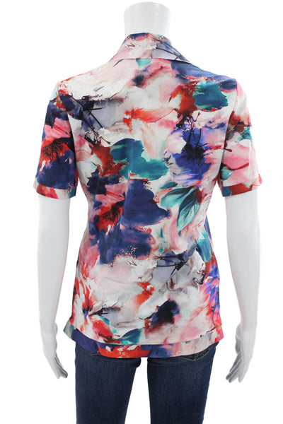 Chiara Boni La Petite Robe Womens Floral Collared Polo Blue Size XS