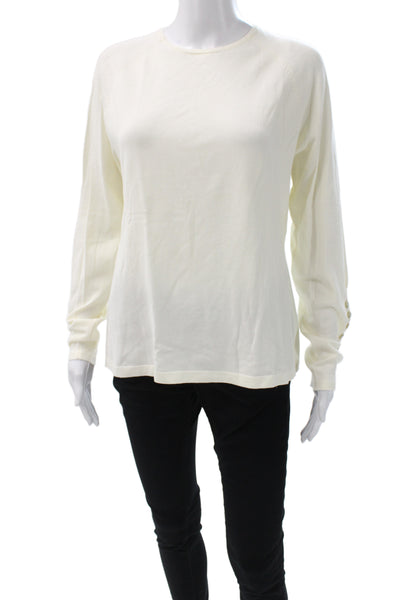 J. Mclaughlin Women Basic Long Sleeve T Shirt White Crew Neck Button Size L