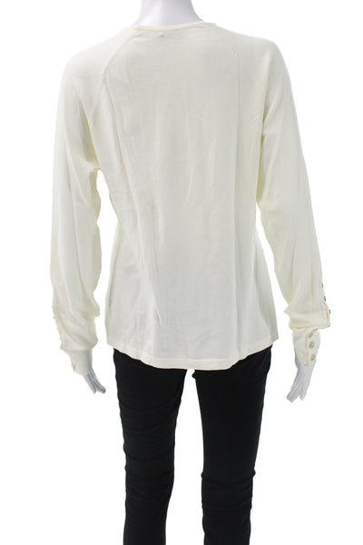 J. Mclaughlin Women Basic Long Sleeve T Shirt White Crew Neck Button Size L