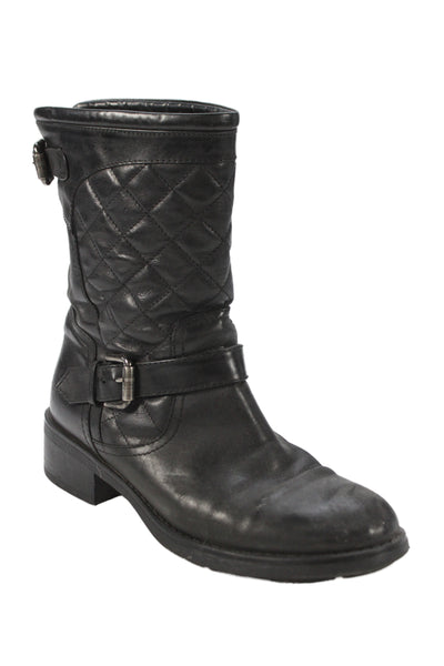 Aquatalia Womens Slip On Block Heel Quilted Trim Boots Black Leather Size 6.5