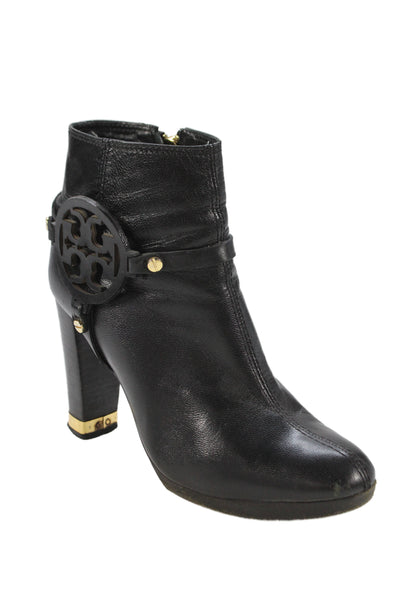 Tory Burch Womens Side Zip Block Heel Logo Leather Booties Black Size 6.5