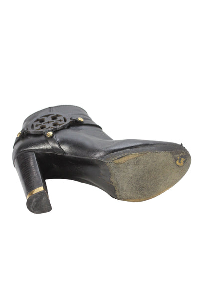 Tory Burch Womens Side Zip Block Heel Logo Leather Booties Black Size 6.5