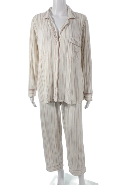 Eberjey Womens Striped Button Down Pajama Set White Beige Size Extra Small