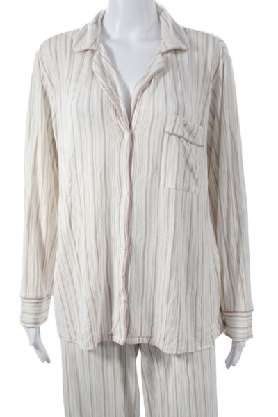 Eberjey Womens Striped Button Down Pajama Set White Beige Size Extra Small
