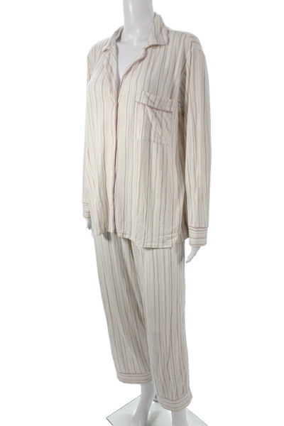 Eberjey Womens Striped Button Down Pajama Set White Beige Size Extra Small