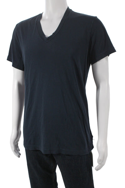 Standard James Perse Men Dark Blue V-Neck Solid Cotton T-Shirt Size 2