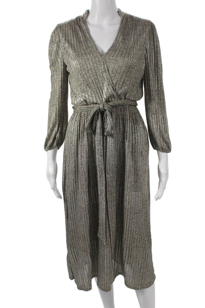 Alice + Olivia Womens Wrap Dress Gray Striped V-Neck 3/4 Sleeve Mid Calf Size 0
