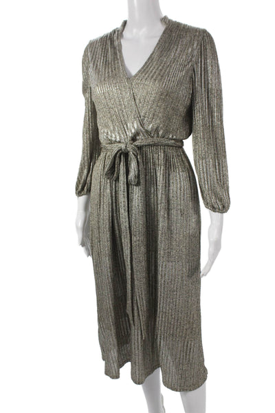 Alice + Olivia Womens Wrap Dress Gray Striped V-Neck 3/4 Sleeve Mid Calf Size 0