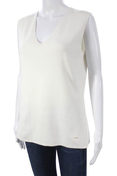 Akris Women White Cotton V-Neck Sleeveless Basic Tank Size 12