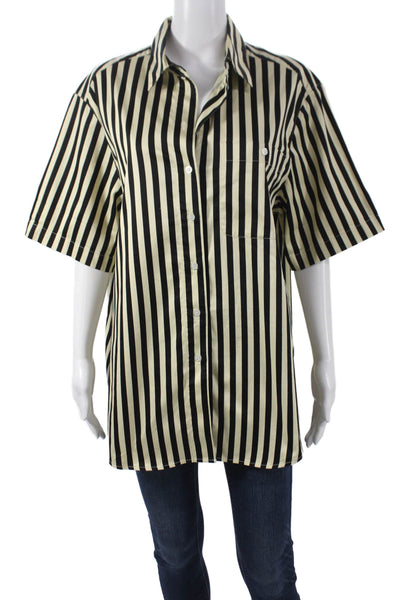 Blanca Unisex Point Collared Striped Button-Up Short Sleeve Beige Size XS