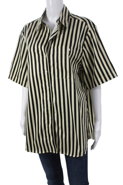 Blanca Unisex Point Collared Striped Button-Up Short Sleeve Beige Size XS
