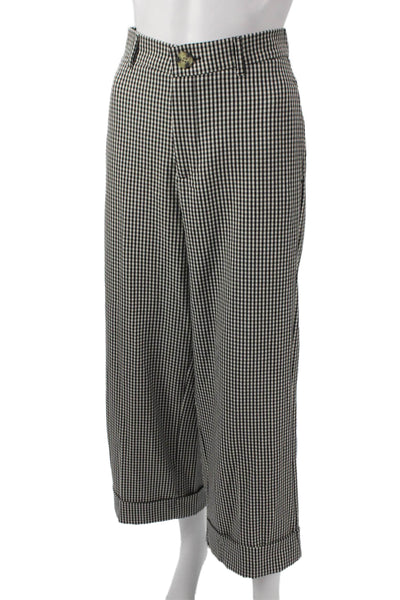Zara Womens Cropped Dress Pants Black Check Polyester Button Size M