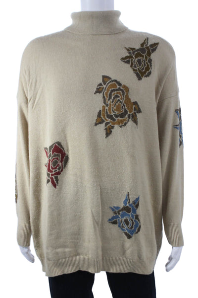 Escada Unisex Pullover Beige Mock Neck Floral Mohair Blend Size 44