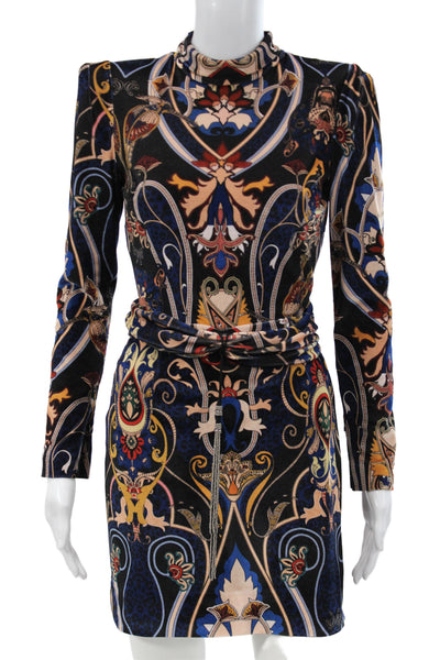 Dundas Womens Bodycon Mini Dress Black Mock Neck Long Sleeve Paisley Size 36