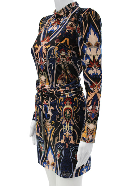 Dundas Womens Bodycon Mini Dress Black Mock Neck Long Sleeve Paisley Size 36