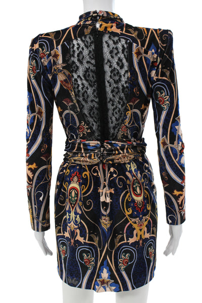 Dundas Womens Bodycon Mini Dress Black Mock Neck Long Sleeve Paisley Size 36