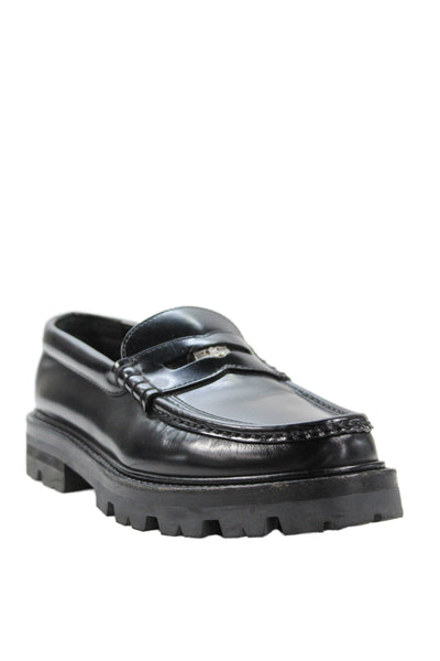 Celine Womens Slip On Round Toe Logo Leather Loafers Black Size 38