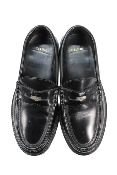 Celine Womens Slip On Round Toe Logo Leather Loafers Black Size 38