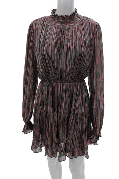 o.p.t Womens 80s Striped Fit and Flare Mini Dress Long Sleeve High Neck Size S