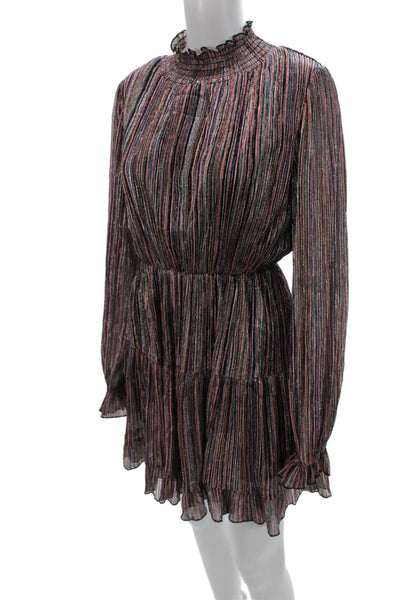 o.p.t Womens 80s Striped Fit and Flare Mini Dress Long Sleeve High Neck Size S