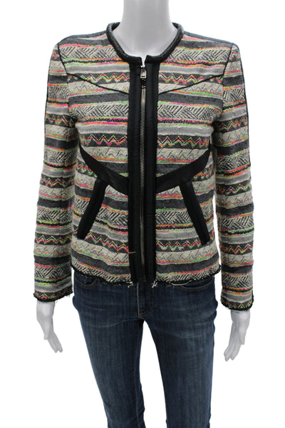 IRO Women Black Geometric Aztec Zip Jacket Long Sleeve Round Neck Size 0