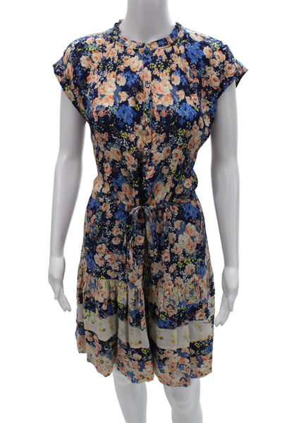 Rebecca Taylor Women Shirt Dress Navy Floral Silk Button Short Sleeve Size 10
