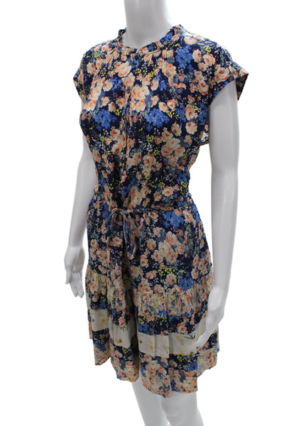 Rebecca Taylor Women Shirt Dress Navy Floral Silk Button Short Sleeve Size 10