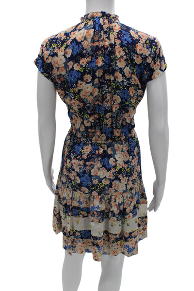 Rebecca Taylor Women Shirt Dress Navy Floral Silk Button Short Sleeve Size 10