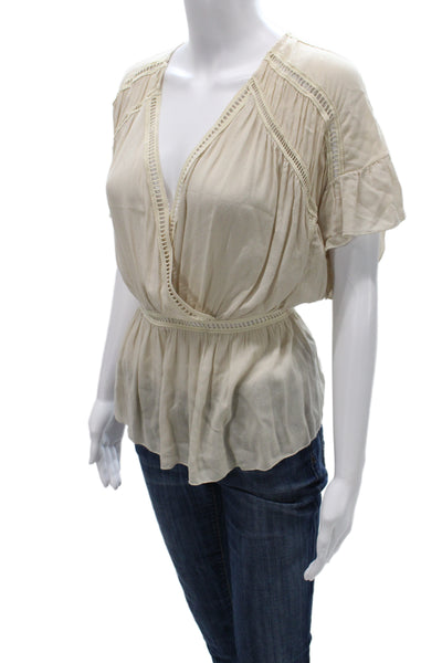IRO Womens Bohemian Beige V-Neck Short Sleeve Viscose Blouse Size 38