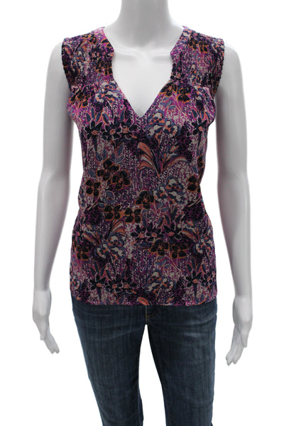 Evereve Women Bohemian Purple V-Neck Sleeveless Floral Blouse Size XL