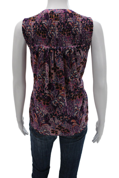 Evereve Women Bohemian Purple V-Neck Sleeveless Floral Blouse Size XL