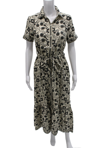 Max Studio Women Maxi Shirt Dress Beige Floral Collared Short Sleeve Size XS