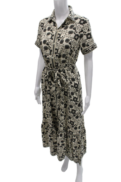 Max Studio Women Maxi Shirt Dress Beige Floral Collared Short Sleeve Size XS