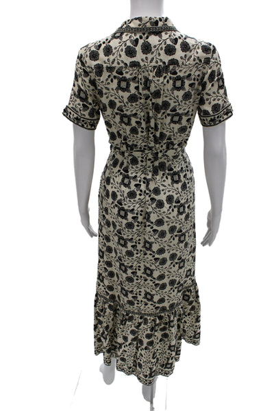 Max Studio Women Maxi Shirt Dress Beige Floral Collared Short Sleeve Size XS