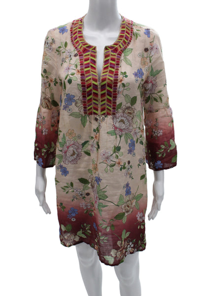 Johnny Was Workshop Womens Kaftan Dress Beige Floral V-Neck 3/4 Sleeve Size XS