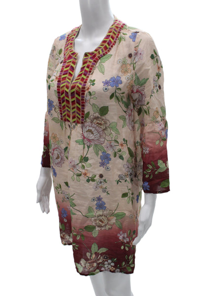 Johnny Was Workshop Womens Kaftan Dress Beige Floral V-Neck 3/4 Sleeve Size XS