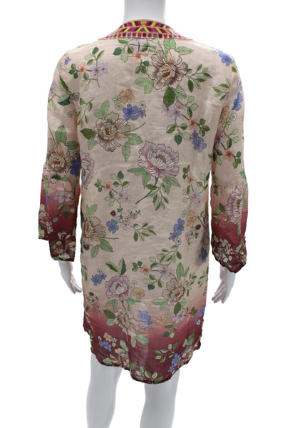 Johnny Was Workshop Womens Kaftan Dress Beige Floral V-Neck 3/4 Sleeve Size XS