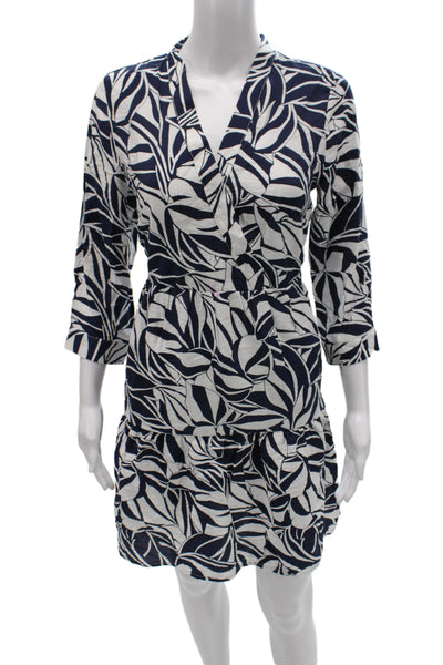 Tahari Womens Floral V-Neck Shirt Dress Dark Blue 3/4 Sleeve Button Size S