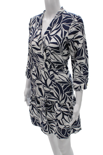 Tahari Womens Floral V-Neck Shirt Dress Dark Blue 3/4 Sleeve Button Size S
