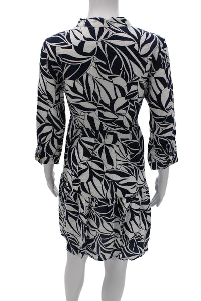 Tahari Womens Floral V-Neck Shirt Dress Dark Blue 3/4 Sleeve Button Size S