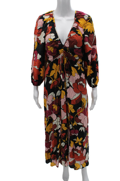 Maeve Anthropologie Womens Maxi Floral V-Neck 3/4 Sleeve Black Dress Size 0