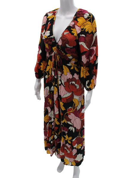 Maeve Anthropologie Womens Maxi Floral V-Neck 3/4 Sleeve Black Dress Size 0