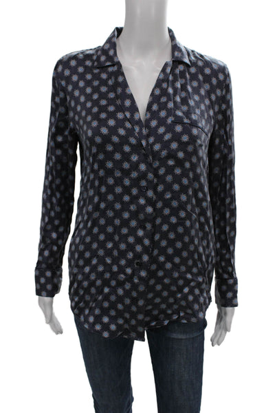 Equipment Femme Womens Silk Geometric Button Up Blouse Dark Blue Size XS